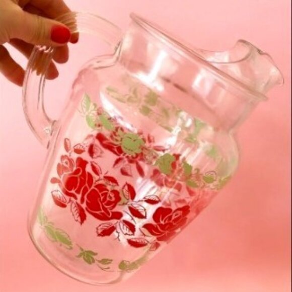 Vintage Glass Red Rose Pitcher | 68oz Water Juice Beverage Jug with Ice Lip - Picture 1 of 5